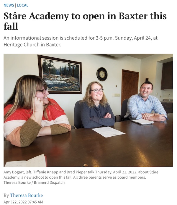 Brainerd Dispatch Article about Stare Academy School Board members Brad Piper, Tiffanie Knapp and Amy Bogart pictured